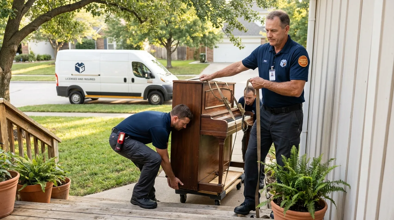 Licensed piano movers securing grand piano in Fayetteville, PA