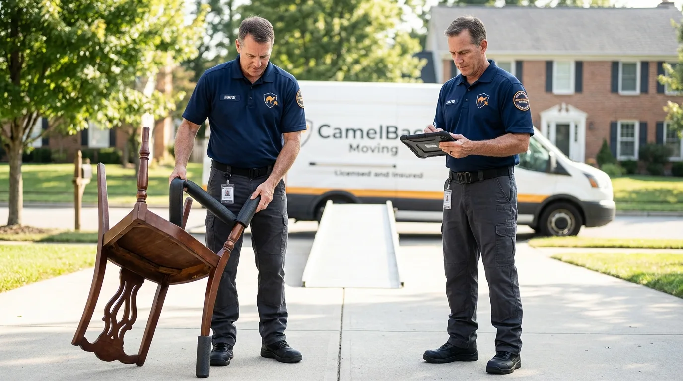 Movers inspecting furniture for damage prevention before loading in Fayetteville, PA