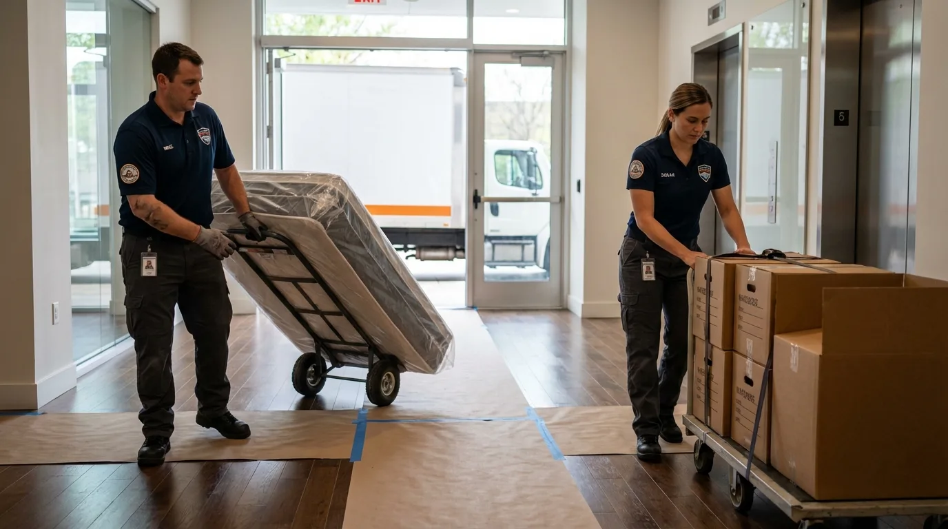 Professional apartment movers loading elevator in Fayetteville, PA