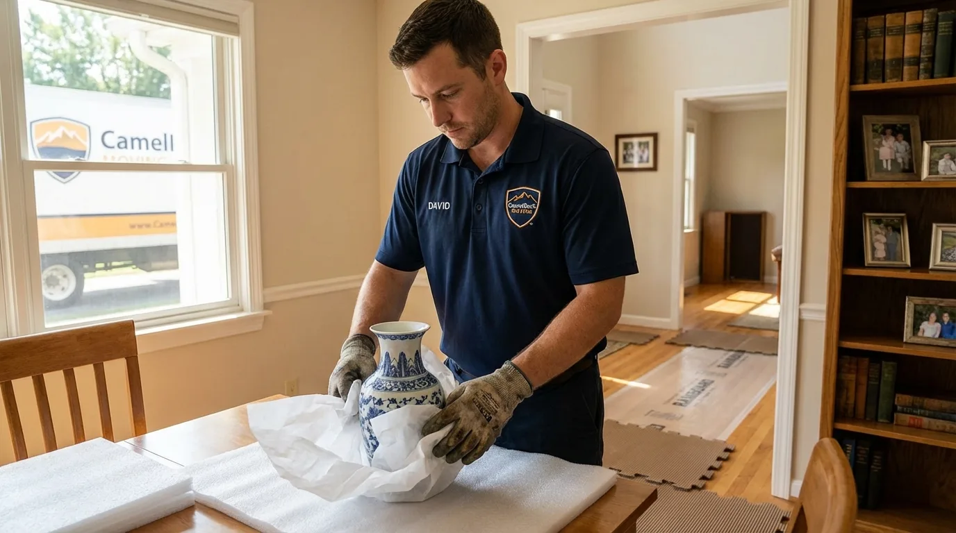 Professional crew carefully wrapping antique vase for senior downsizing move in Fayetteville, PA
